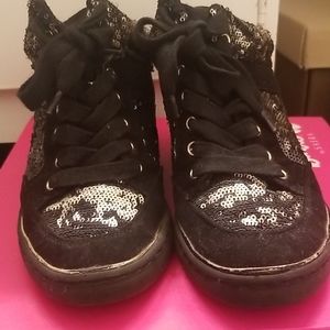 Used*Black Chunky Sequin Wedge Sneakers